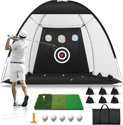 Golf Net: 10X7Ft Nylon Golf Practice Net for Backyard Driving, Chipping, Indoor/Outdoor Golf Hitting Net Upgraded High Elastic Nylon Mesh with Tri-Turf GLF Mat and Targets, Gift for Men, Golf Lovers