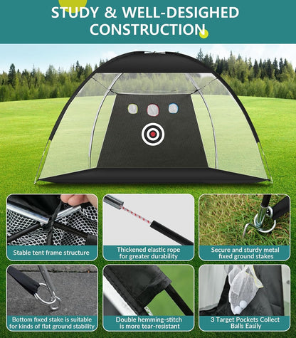 Golf Net: 10X7Ft Nylon Golf Practice Net for Backyard Driving, Chipping, Indoor/Outdoor Golf Hitting Net Upgraded High Elastic Nylon Mesh with Tri-Turf GLF Mat and Targets, Gift for Men, Golf Lovers