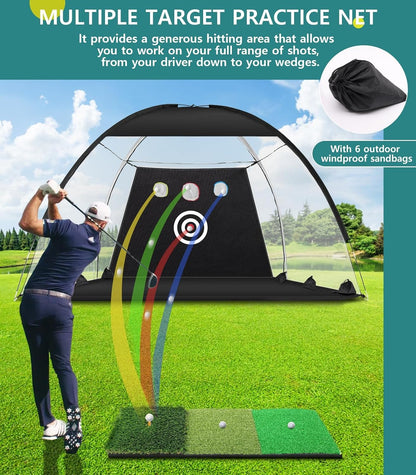 Golf Net: 10X7Ft Nylon Golf Practice Net for Backyard Driving, Chipping, Indoor/Outdoor Golf Hitting Net Upgraded High Elastic Nylon Mesh with Tri-Turf GLF Mat and Targets, Gift for Men, Golf Lovers
